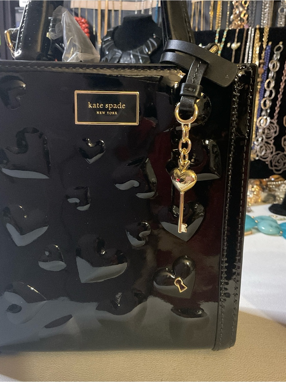 kate spade Black Patent Heart-Accent Tote with Gold Charm